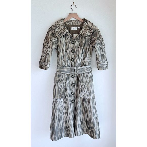 NEW SAMPLE Byron Lars Beauty Mark Warp Leopard Print Button Front Trench Coat 2 - Picture 2 of 9